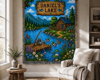 Personalized Stardew Valley Woven Blanket, Custom Name Fishing Lake Tapestry, Cozy Gamer Gift, Pixel Art Cabin Wall Art Decor