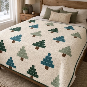 May include: A cream-colored quilt featuring a repeating pattern of stylized evergreen trees in various shades of green and blue. Each tree is constructed from horizontal rectangular segments with a brown trunk, arranged in a grid across the fabric.