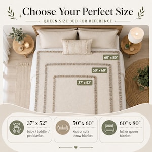May include: A cream-colored blanket with a fringed border is displayed on a bed, showcasing three size options: 37" x 52", 50" x 60", and 60" x 80". The text "Choose Your Perfect Size" is at the top, with size suggestions for baby/toddler, sofa, and queen beds.