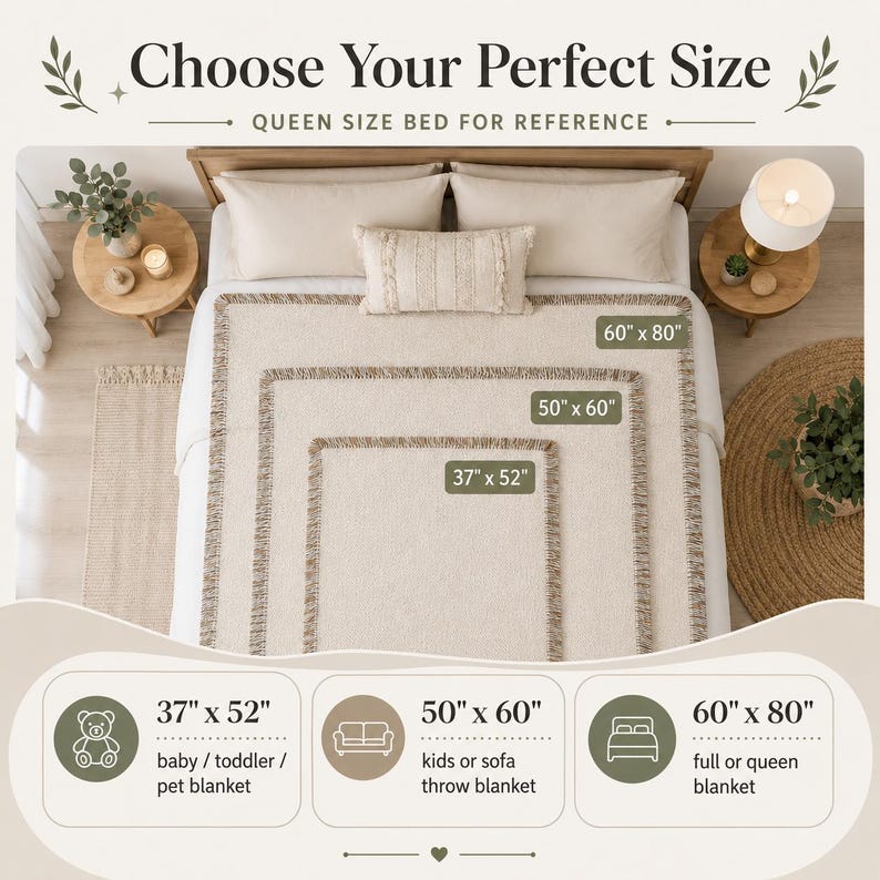 May include: A cream-colored blanket with a fringed border is displayed on a bed, showcasing three size options: 37" x 52", 50" x 60", and 60" x 80". The text "Choose Your Perfect Size" is at the top, with size suggestions for baby/toddler, sofa, and queen beds.