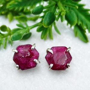 Ruby Stud Earrings, Raw Sterling Silver Earrings, Minimalist Gemstone Studs, Handmade July Birthstone Jewelry