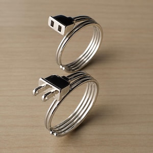 Plug & Socket Couple Rings, Matching Love Rings, Silver Adjustable Set