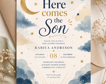 May include: A rectangular baby shower invitation card featuring a watercolour night sky with a gold crescent moon, dark blue clouds, and gold stars. The text reads Here comes the Son, honouring Rabica Andreson on Saturday, December 08 at 3 o'clock.