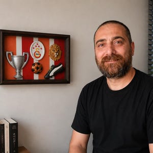 May include: A framed wall art piece featuring a silver trophy, a soccer ball, a lion's head, a soccer cleat, and a team emblem. The background has red and white stripes. The frame is brown.