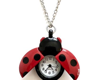 Whimsical Ladybug Watch Necklace: Silver Pendant, Cottagecore Jewelry