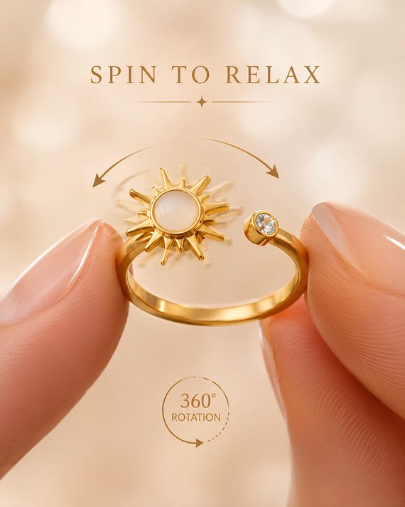 Sun Spinner Anxiety Ring for Women, Adjustable Rotating Sun Ring, ADHD Fidget Jewelry, Stress Relief Gift, Gold Worry Ring - Sunshine