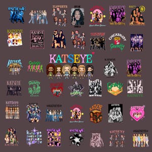 Pode incluir: Uma coleção de adesivos Katseye com várias fotos de grupo, ilustrações estilo chibi e designs gráficos com texto como 'Soft Is Strong', 'Gnarly' e 'Bite Me'. Os designs incluem corações coloridos, estrelas e tipografia estilizada.