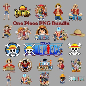 Może przedstawiać: Cyfrowa kolekcja grafik PNG z serii One Piece przedstawiająca postać Monkey D. Luffy'ego w różnych pozach, logo One Piece w wielu stylach, emblematy czaszek ze słomkowymi kapeluszami oraz ilustracje grupowe na szarym tle.