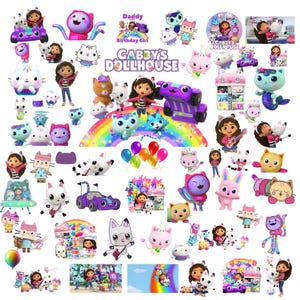 Op de afbeelding: Een verzameling Gabby's Dollhouse-stickers met Gabby, Pandy Paws, Cakey, MerCat en andere kattenfiguren. De set bevat diverse poses, kleurrijke regenbogen, ballonnen en het Gabby's Dollhouse-logo, allemaal weergegeven op een witte achtergrond.