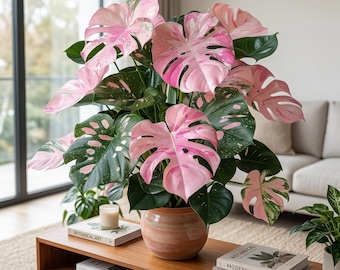 Monstera variegata rosa, pianta tropicale da interno, rara pianta ornamentale da fogliame.