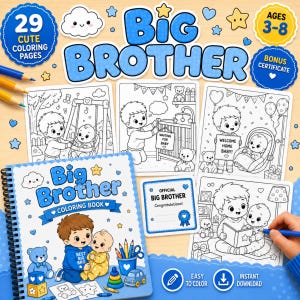 以下が含まれることがあります： Big Brotherというタイトルのスパイラル綴じの塗り絵で、漫画の男の子と赤ちゃんが描かれています。兄弟のシーン、ベビーベッド、ウェルカムサイン、公式認定証、青い鉛筆が描かれた4枚の追加の塗り絵ページが含まれています。