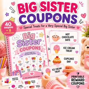以下が含まれることがあります： Big Sister Couponsというタイトルのスパイラル綴じブック。ピンクと白の表紙には、お菓子やハートのイラストが描かれています。40枚のクーポンと8枚のカスタマイズ可能なクーポンが含まれており、ホットチョコレートデート、アイスクリーム、カップケーキなどのアクティビティが記載されたカードが付属しています。