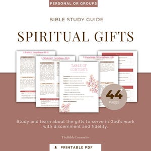 Puede incluir: Una guía de estudio bíblico titulada "Dones Espirituales" con el texto "Personal o Grupos" en la parte superior. La guía incluye una tabla de contenido, y el texto "44 páginas" es visible. La guía está diseñada para estudiar los dones espirituales.