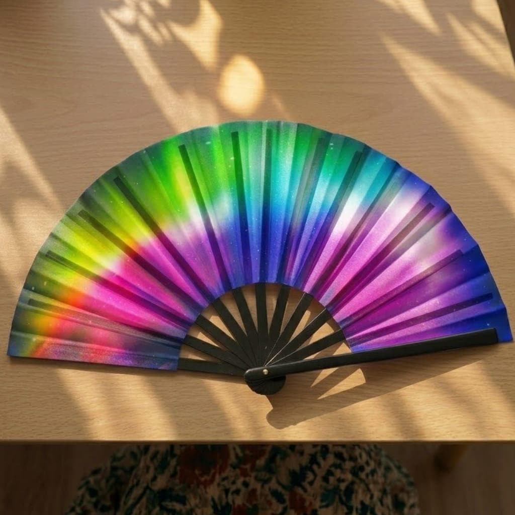 レインボー　ファンチュン Black Hand Fan Holographic Iridescent Bamboo Festival Party Rave