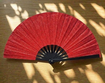 Red Glitter Bamboo Folding Fan Handheld Sparkly Party Accessory Festival Gift Large