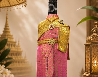 Pink Gold Thai Wine Bottle Cover, Handmade Wedding Gift, Traditional Bottle Decor, Unique Home Accent