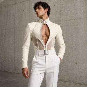 Men's Mesh Patchwork Jacket, See Through Zipper Streetwear Coat, Stand Collar Long Sleeve Sheer Casual Outerwear, Black White