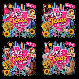 Könnte beinhalten: Ein Grafikdesign mit vier Feldern, die Texas-Motive wie Big Red und Dr Pepper Limonaden, Tacos, Lupinen, Sonnenblumen, Buc-ee's und H-E-B Logos, James Avery Anhänger und Cowboystiefel zeigen, umrahmt vom Text She's from Texas I can Tell.