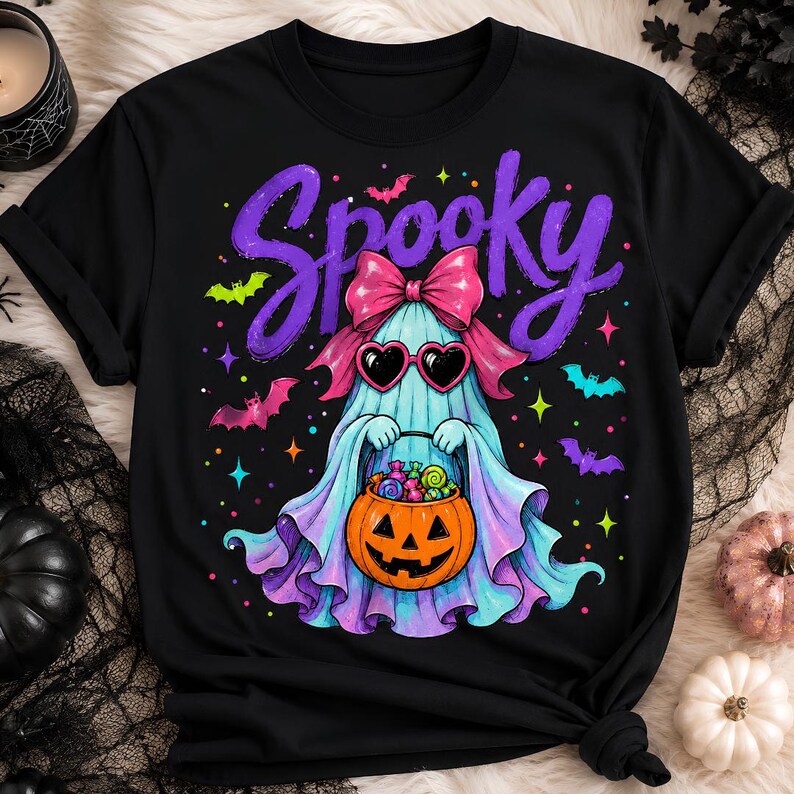 May include: A black t-shirt featuring a graphic of a ghost wearing a pink bow and heart-shaped sunglasses. The ghost holds an orange jack-o'-lantern bucket filled with colorful candy. The word Spooky is printed in purple above the ghost.