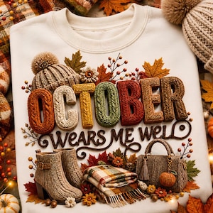 May include: A cream-coloured sweatshirt featuring a graphic design with the text OCTOBER WEARS ME WELL. The design includes a knit beanie, a pair of knit ankle boots, a folded plaid scarf, and a knit handbag, all surrounded by autumn leaves.