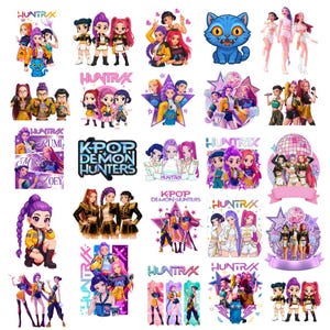 May include: A collection of stickers featuring the K-Pop Demon Hunters group, including chibi and realistic character illustrations, a blue cat creature, disco balls, stars, and the text Huntrix and K-Pop Demon Hunters in various colorful designs.