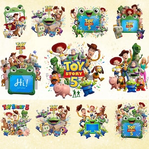 May include: A collection of Toy Story 5 graphic designs featuring characters like Woody, Buzz Lightyear, Jessie, Rex, and Slinky Dog. Several images include a green frog-shaped frame with the text Toy Story 5 or Hi! Let's play! displayed.
