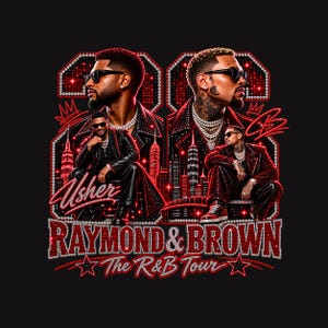May include: A black graphic t-shirt design featuring two men in sunglasses, one labelled Usher and the other Chris Brown, set against a red rhinestone-style city skyline. The text reads Raymond & Brown The R&B Tour with large numbers 24.