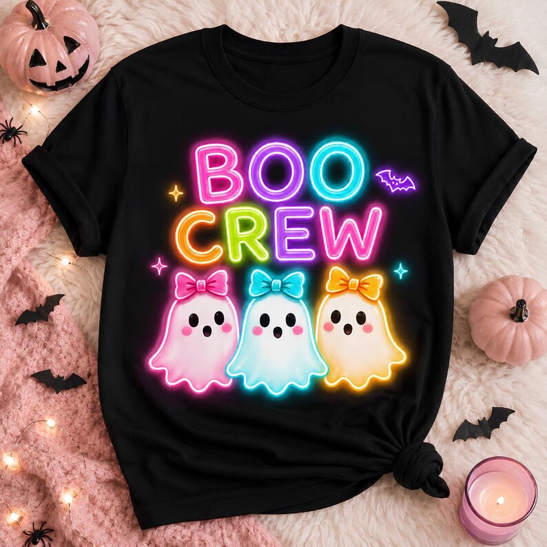 May include: A black short-sleeve t-shirt featuring a neon-style graphic with the text "BOO CREW" in bright colors. Below the text are three cartoon ghosts, each wearing a colorful bow, rendered in a glowing, vibrant neon aesthetic.