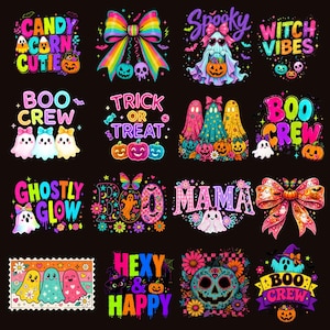 May include: A collection of sixteen colorful Halloween-themed digital graphics featuring ghosts, pumpkins, bows, and flowers. The designs include text such as Candy Corn Cutie, Spooky, Witch Vibes, Boo Crew, Trick or Treat, Ghostly Glow, Boo, Mama, and Hexy & Happy.