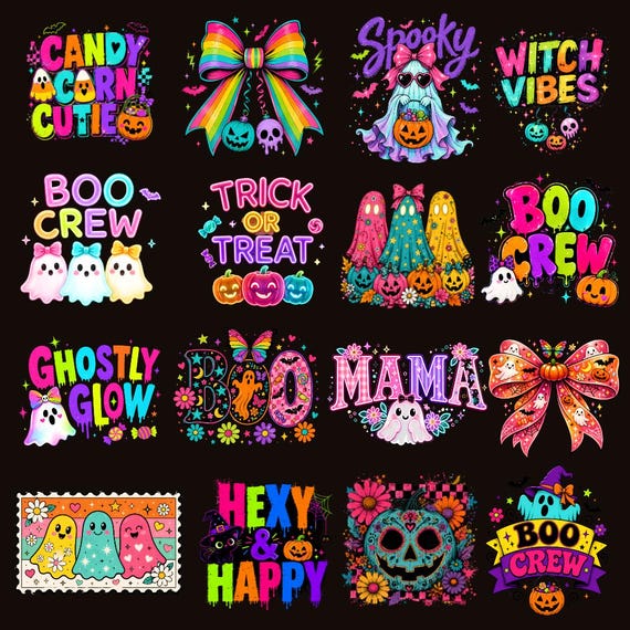 Neon Halloween Bundle Png, Retro Spooky Season Png, Boo Ghost Coquette Png, Pumpkin Halloween Png, Preppy Halloween Png Retro