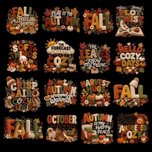 Può includere: Una collezione di sedici illustrazioni digitali con tipografia a tema autunnale e motivi come zucche, texture lavorate a maglia, sciarpe e oggetti accoglienti. Ogni design include frasi come Fall Feels Like Home, Leaf It To Autumn, The Forecast Calls For Cozy e October Wears Me Well.