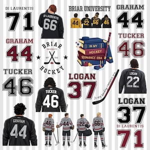 Puede incluir: Un collage de gráficos e ilustraciones con temática de hockey. Incluye números de camiseta, ilustraciones de jugadores y elementos de texto como "Briar University Hockey" y "In My Hockey Romance Era". La paleta de colores presenta negro, burdeos y gris.