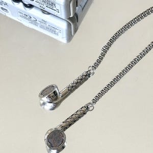 Y2K Earbud Necklace, Silver Earphone Pendant, 2000s Grunge Music Lover Necklace, Adjustable Lariat, Gift for Him and Her
