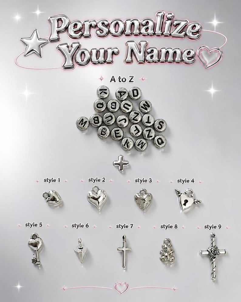 May include: A collection of silver-toned metal components for jewelry making, including round alphabet beads from A to Z, a plus sign bead, and nine distinct charm styles featuring hearts, a lock with wings, a key, a cross, and a rose cross.