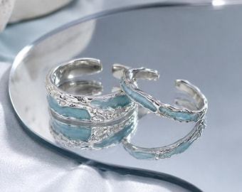 Y2K Blue Wave Couple Rings, Adjustable Promise Ring Set, Silver-Tone Resin Matching Rings, Ocean Style Gift for Couples