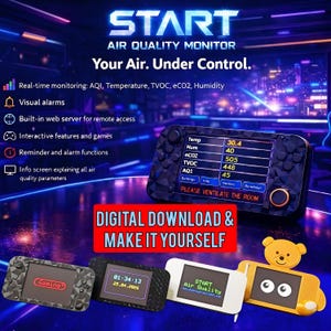 May include: An air quality monitor with a black patterned design displays real-time data, including temperature and AQI. The image also shows smaller devices with screens, and the text "DIGITAL DOWNLOAD & MAKE IT YOURSELF".