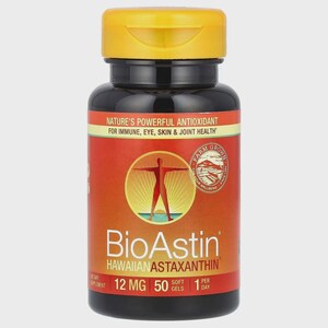 May include: A bottle of BioAstin Hawaiian Astaxanthin supplements. The bottle is dark with a yellow cap. The label is orange and features text including "Nature's Powerful Antioxidant" and "12 MG 50 Soft Gels". A graphic of a person is also on the label.