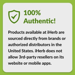 May include: A green shield icon with a checkmark, accompanied by the text "100% Authentic!". The text below states that products available at iHerb are sourced directly from brands or authorized distributors in the United States.