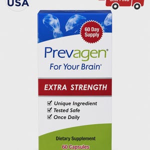 May include: A rectangular box of Prevagen Extra Strength dietary supplement. The packaging is blue, white, and green with text reading Prevagen For Your Brain, 60 Day Supply, and 60 Capsules. It lists features including Unique Ingredient, Tested Safe, and Once Daily.