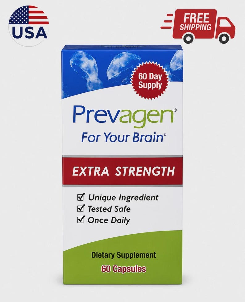 May include: A rectangular box of Prevagen Extra Strength dietary supplement. The packaging is blue, white, and green with text reading Prevagen For Your Brain, 60 Day Supply, and 60 Capsules. It lists features including Unique Ingredient, Tested Safe, and Once Daily.