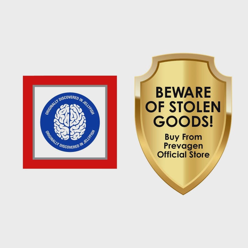 May include: A square graphic with a red border and a blue circular emblem featuring a white brain icon and the text ORIGINALLY DISCOVERED IN JELLYFISH, alongside a gold shield graphic with the text BEWARE OF STOLEN GOODS! Buy From Prevagen Official Store.