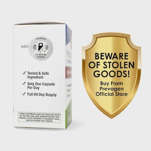May include: A white rectangular product box with text including Tested & Safe Ingredient, Only One Capsule Per Day, and Full 60 Day Supply. Next to it is a gold shield graphic with the text BEWARE OF STOLEN GOODS! Buy From Prevagen Official Store.