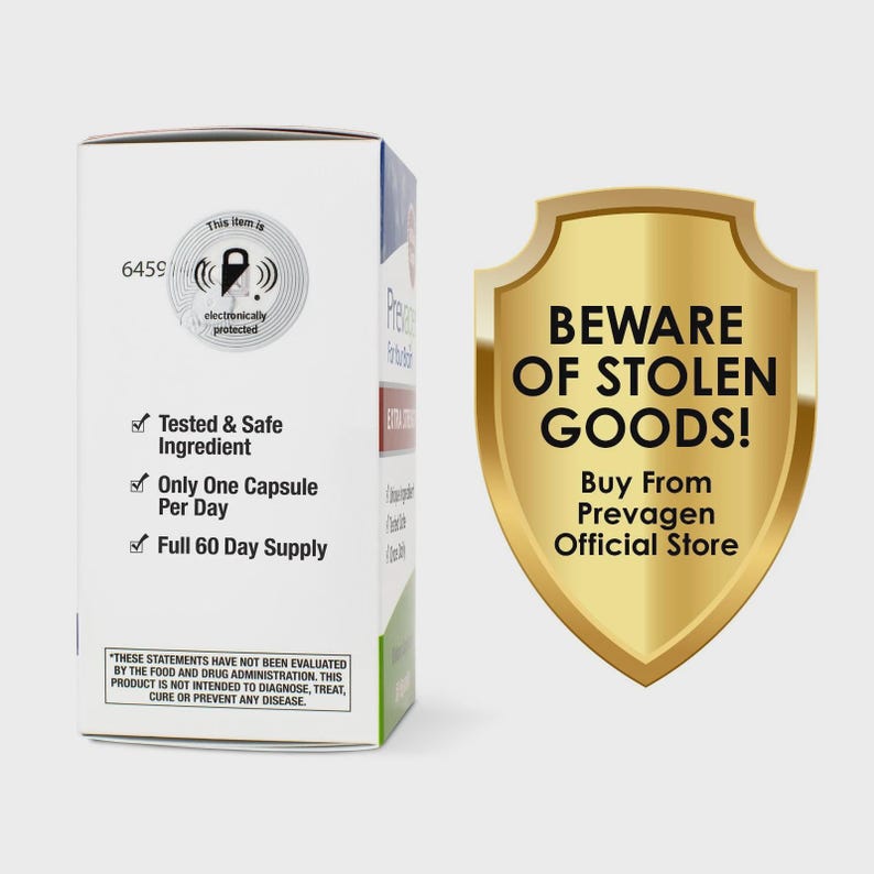 May include: A white rectangular product box with text including Tested & Safe Ingredient, Only One Capsule Per Day, and Full 60 Day Supply. Next to it is a gold shield graphic with the text BEWARE OF STOLEN GOODS! Buy From Prevagen Official Store.