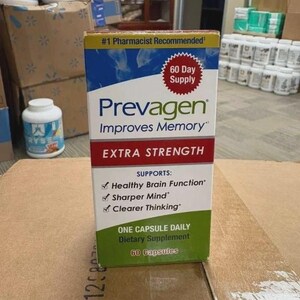 May include: A rectangular box of Prevagen Extra Strength dietary supplement. The packaging is blue, white, red, and green, featuring the text #1 Pharmacist Recommended, 60 Day Supply, Improves Memory, and lists support for healthy brain function.