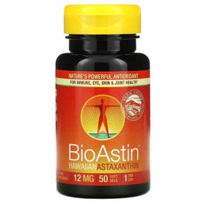 May include: A bottle of BioAstin Hawaiian Astaxanthin dietary supplement. The bottle is black with a yellow cap and a red label. The label includes text about the product's benefits and the dosage: 12 mg, 50 soft gels, 1 per day.
