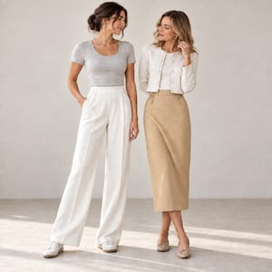 May include: A grey short-sleeved scoop neck top paired with high-waisted white wide-leg trousers, and a white long-sleeved button-down cardigan worn over a white top with a tan midi-length skirt featuring a straight silhouette and side pockets.