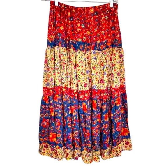 Vtg 80s Broom Skirt Maxi Sz M Florals Tiered Boho… - image 9
