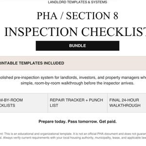 Può includere: Un documento bianco intitolato "PHA / SECTION 8 INSPECTION CHECKLIST" con la parola "BUNDLE" in un rettangolo nero. Il documento include 11 modelli stampabili e un elenco di controllo stanza per stanza.