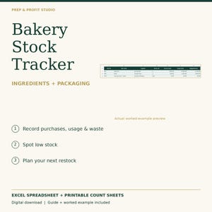 May include: A digital Bakery Stock Tracker spreadsheet and printable count sheets by Prep & Profit Studio. The document features a table for ingredients and packaging, with sections to record purchases, usage, waste, and restock planning.