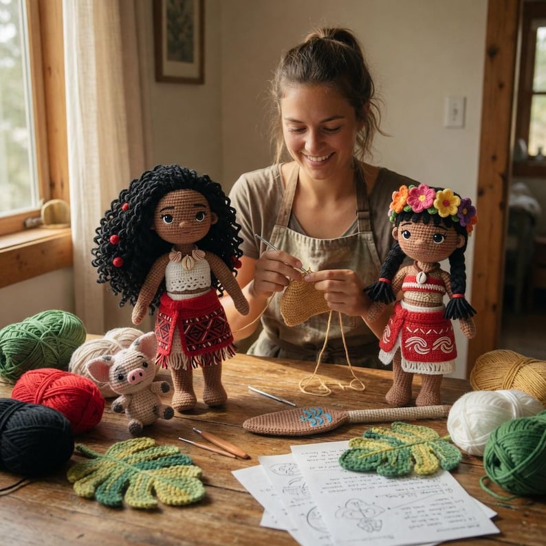 May include: A woman crocheting a yellow piece of fabric, with two handmade dolls in the foreground. The dolls are dressed in red and white outfits, with black hair and floral headbands. Yarn and crochet hooks are on the wooden table.